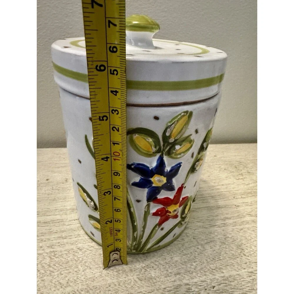 Vintage Italian Hand Painted Ceramic Canister 3D Floral Design Signed 6